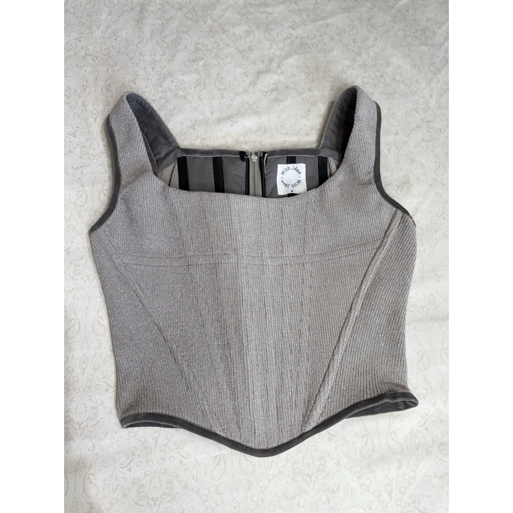 With Jean June Corset Top Crop Gray Medium Boned Zip Back Minimalist Square Neck